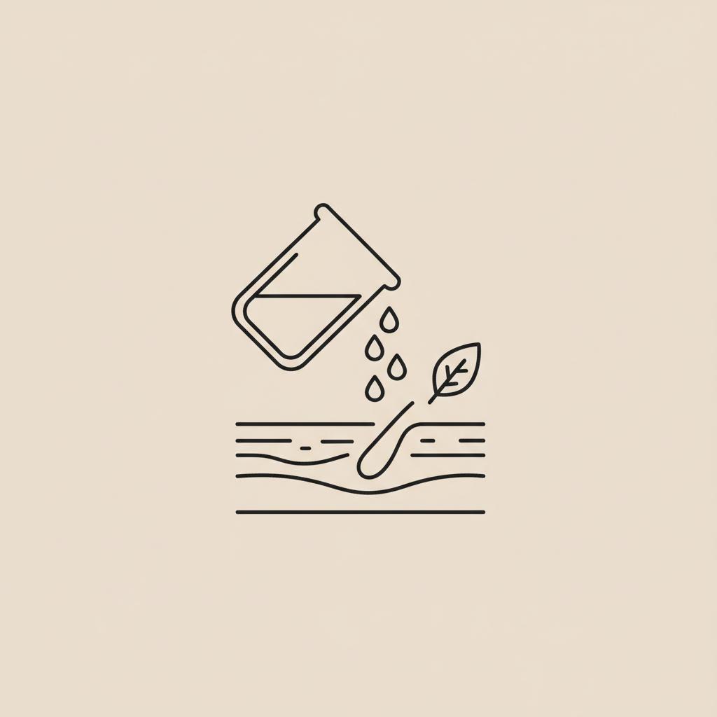 Minimalist vector line illustration of a beaker pouring droplets onto a stylized skin cross-section with a small leaf on beige background, taurine for skin