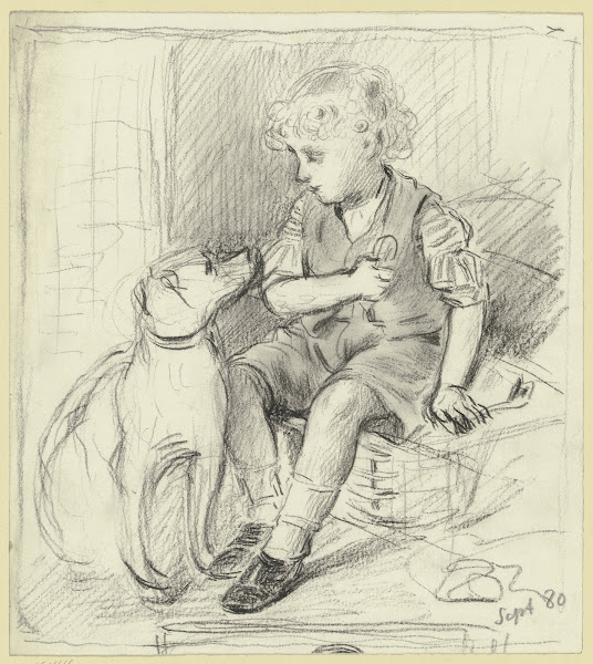 Sitzender Knabe mit sitzendem Hund 1880
