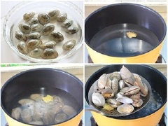 Ngâm ngao trong nước muối loãng qua đêm cho sạch cát, vớt ra rổ để ráo. Bước làm sạch ngao rất quan trọng để bạn có được món ngao ngon miệng, không bị lợn cợn hay lẫn sạn cát. Đun sôi nồi nước với một vài lát gừng (hoặc chút rượu để khử tanh). Trút ngao vào, đun cho tới khi ngao há miệng thì vớt ra gỡ lấy phần thịt ngao để riêng ra bát.