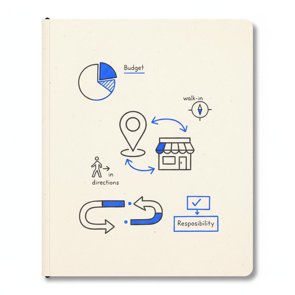 Parchment-style sketchbook page showing a map pin and storefront outline with arrows for walk-in and directions flows, dark gray lines and #1a5bfb accents for Google Business Profile optimization