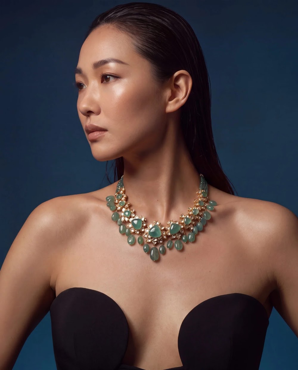 Model in profile wearing the Kanishka Polki and Diamond Necklace with green stones from Tyaani