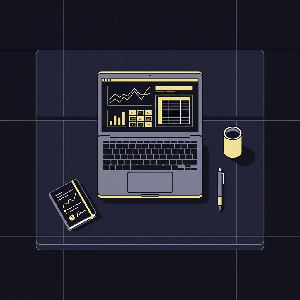 Evaluating NBA Home-Court Advantage minimalist 2D vector analyst workspace with laptop showing sports model charts spreadsheets and a small notebook in dark Funded Plays brand colors