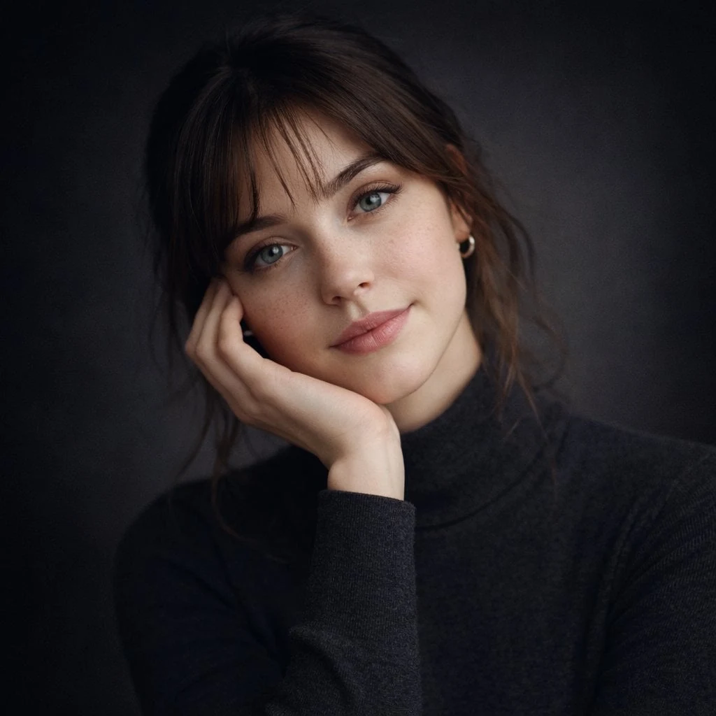 Retrato de estudio ultrarrealista de una mujer joven, de frente, composición centrada, rostro simétrico, tez pálida...