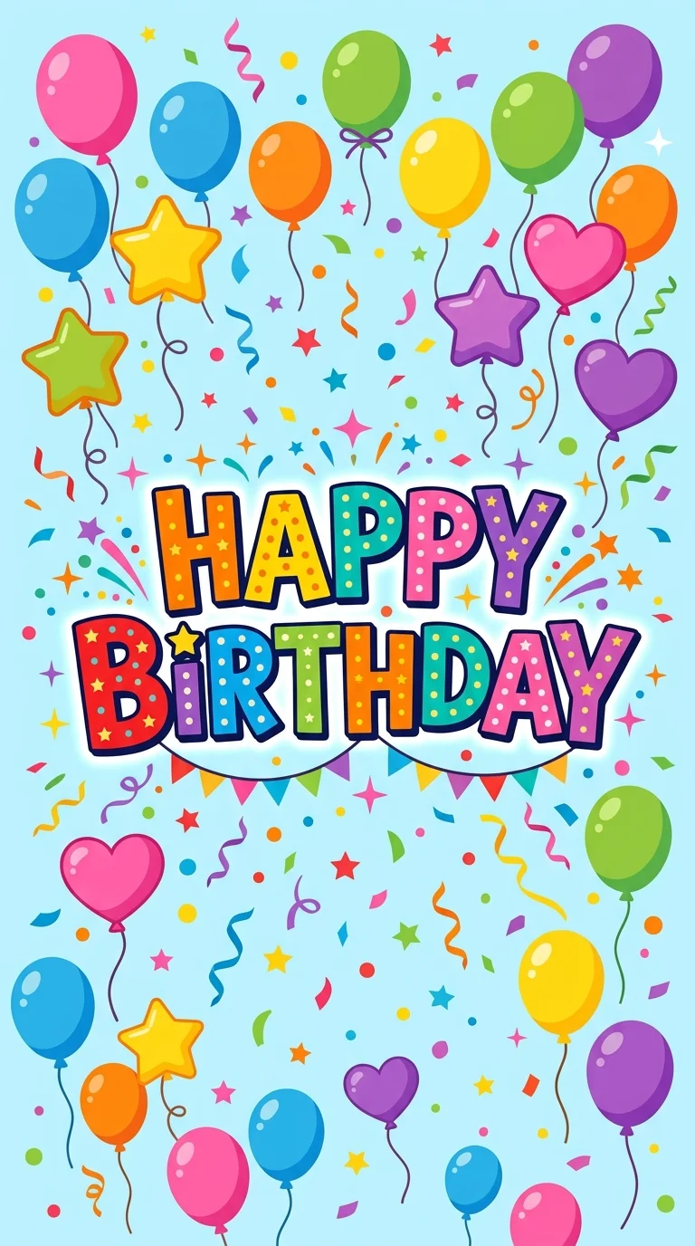 Happy Birthday Typography With Colorful Balloons And Confetti - Free 8K and 4K mobile Wallpaper Background