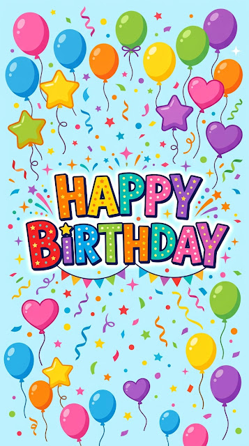 Happy Birthday Typography With Colorful Balloons And Confetti - Free mobile Wallpaper