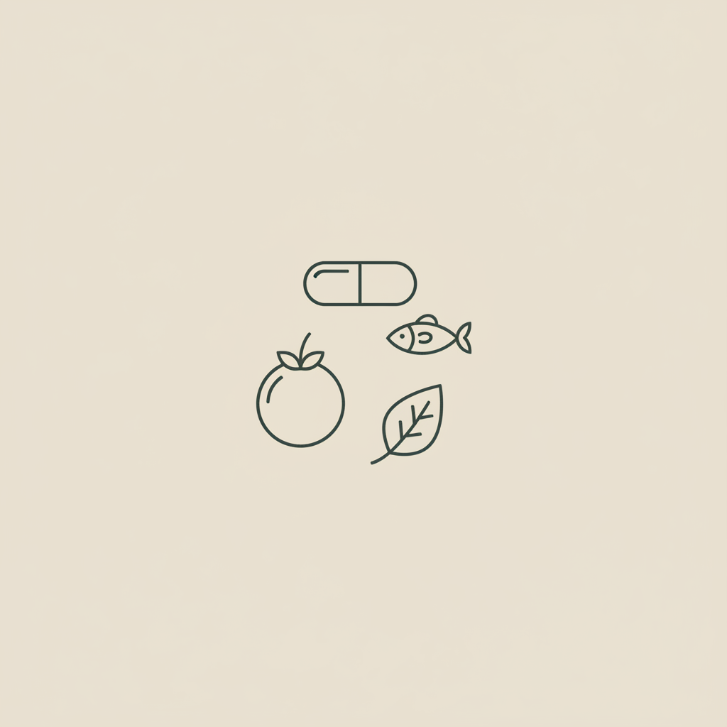 Minimalist Tonum-style vector illustration of a capsule, small fish, berry and leaf arranged in a circle on beige background, representing women's multivitamin