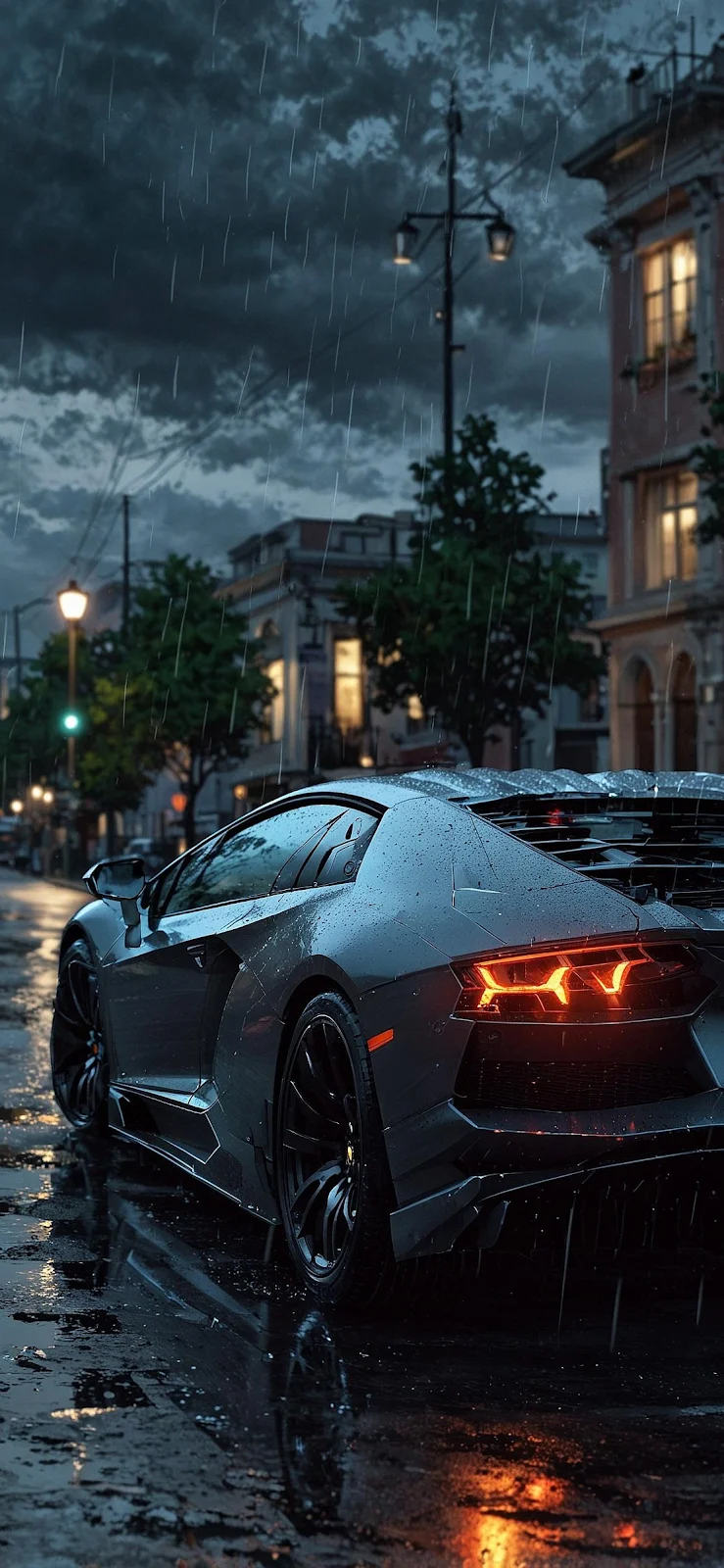Dark Lamborghini In City Rain - Cinematic Digital Art Full HD iPhone Wallpaper (1111x2407)