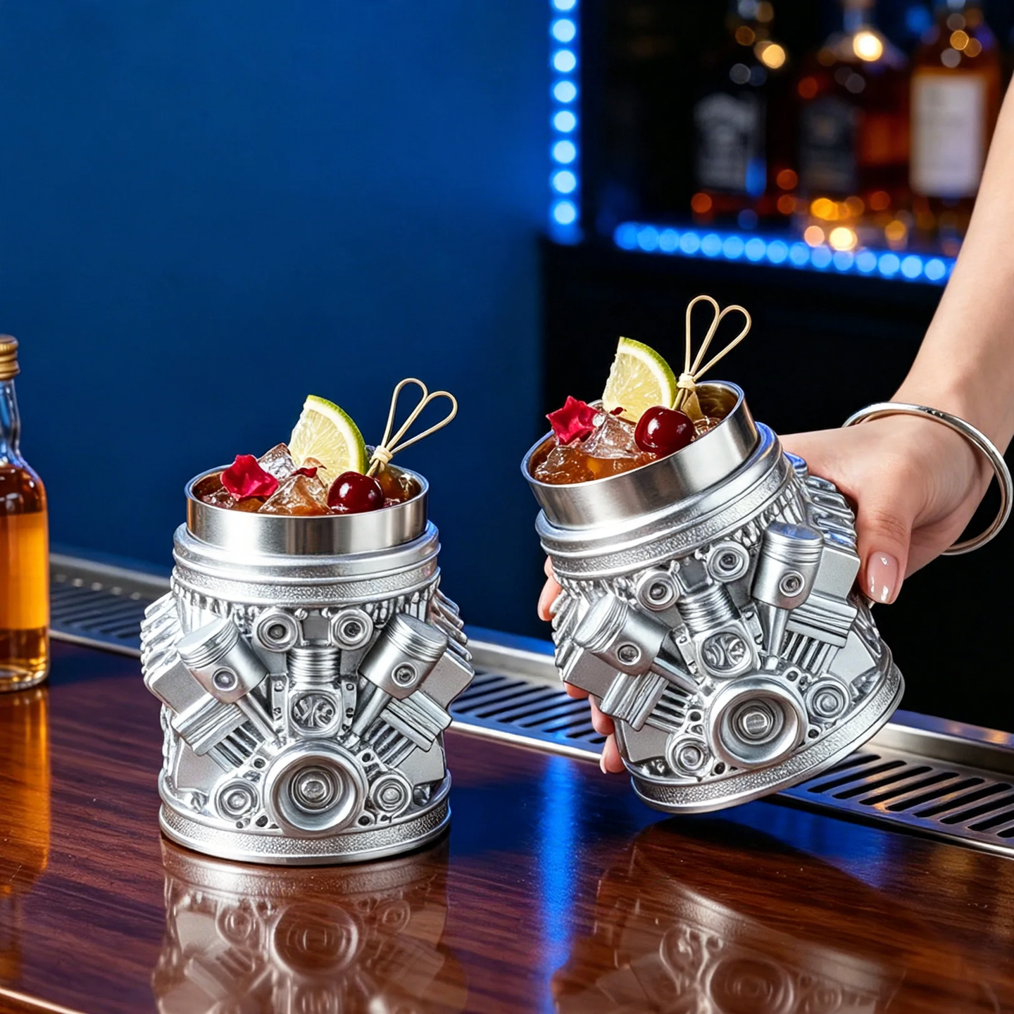 Stainless steel mug with engine design