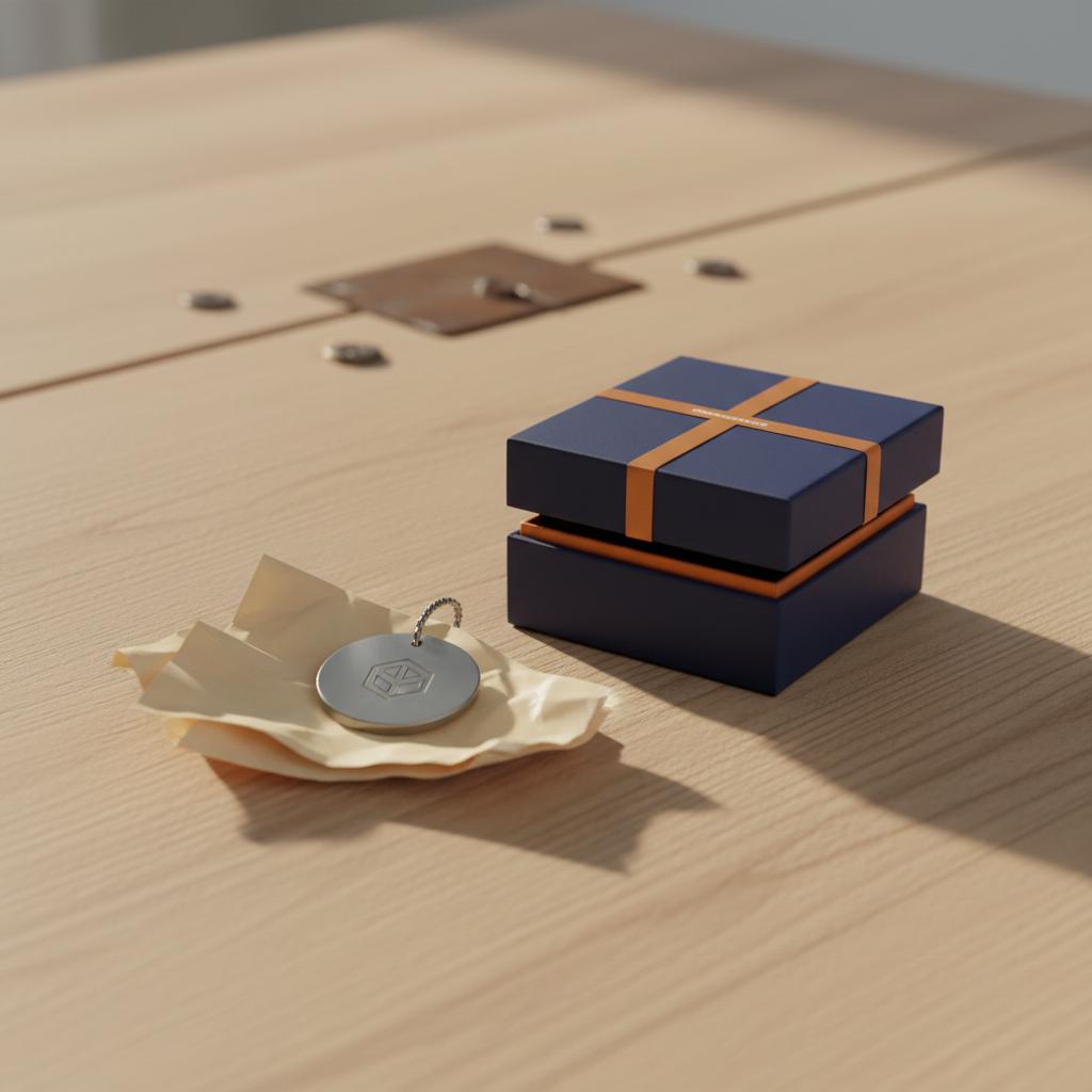 Nahaufnahme von graviertem Edelstahl-Anhänger und schlichter Geschenkbox auf Holztisch, minimalistisch im Steelmonks-Stil – geschenke für trauzeugen
