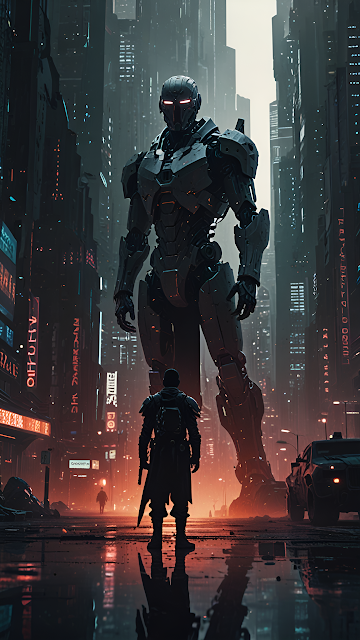 Colossal Robot Confrontation in Dark Cyberpunk City - Free mobile Wallpaper