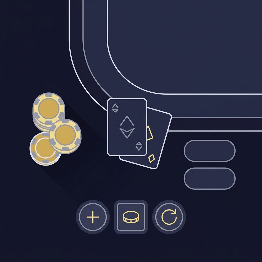 Minimalist 2D vector close up of a live dealer style betting table interface with chips cards and icon only betting controls in mystake sportsbook color palette