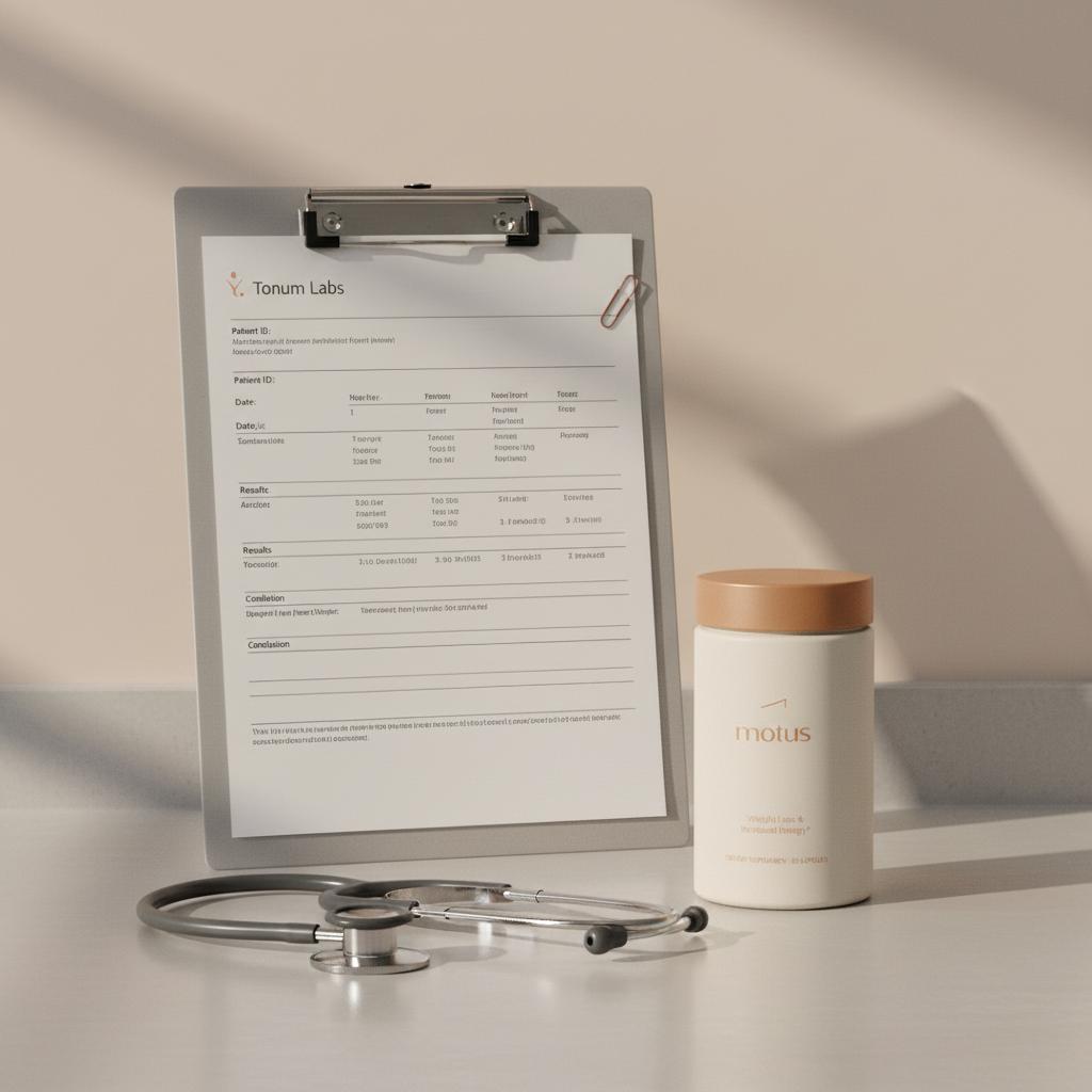 Tonum supplement jar beside a clipboard with printed lab report and stethoscope on a neutral countertop, illustrating NAD interactions in a clinical-lifestyle still-life.