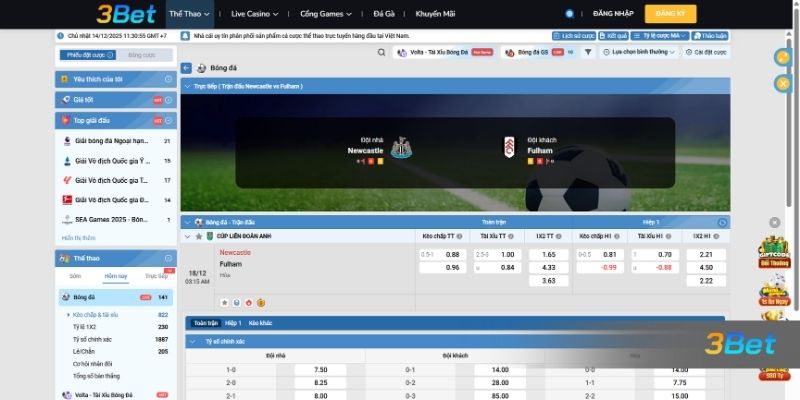 Tỷ lệ kèo Newcastle vs Fulham 03h15 ngày 18/12/2025