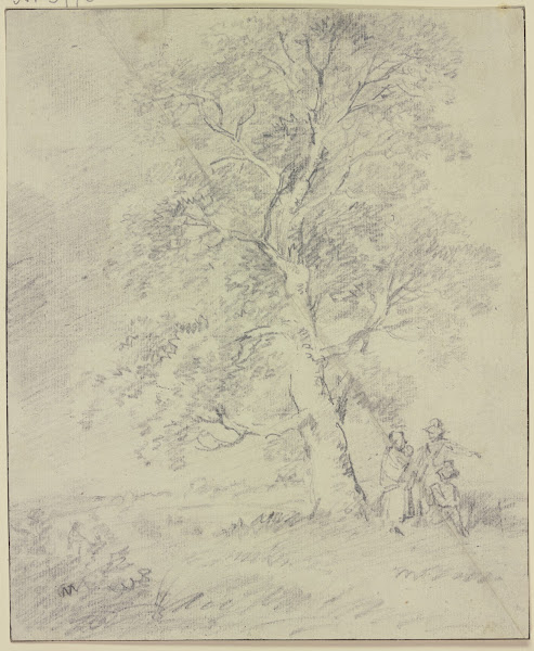 Unter einem Baum drei Figuren mit Kleinkind