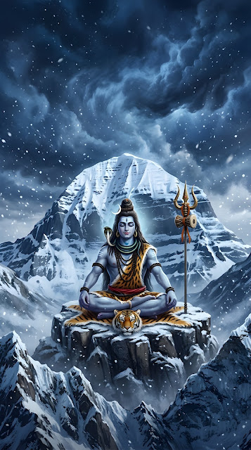 Lord Shiva Meditating in Snow Storm on Mount Kailash - Free mobile Wallpaper