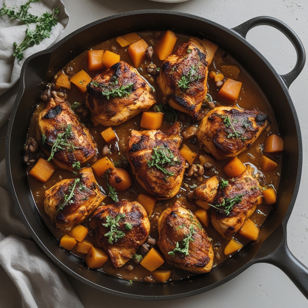 Smoky Maple-Chipotle Chicken & Butternut Squash Skillet with Crispy Sage