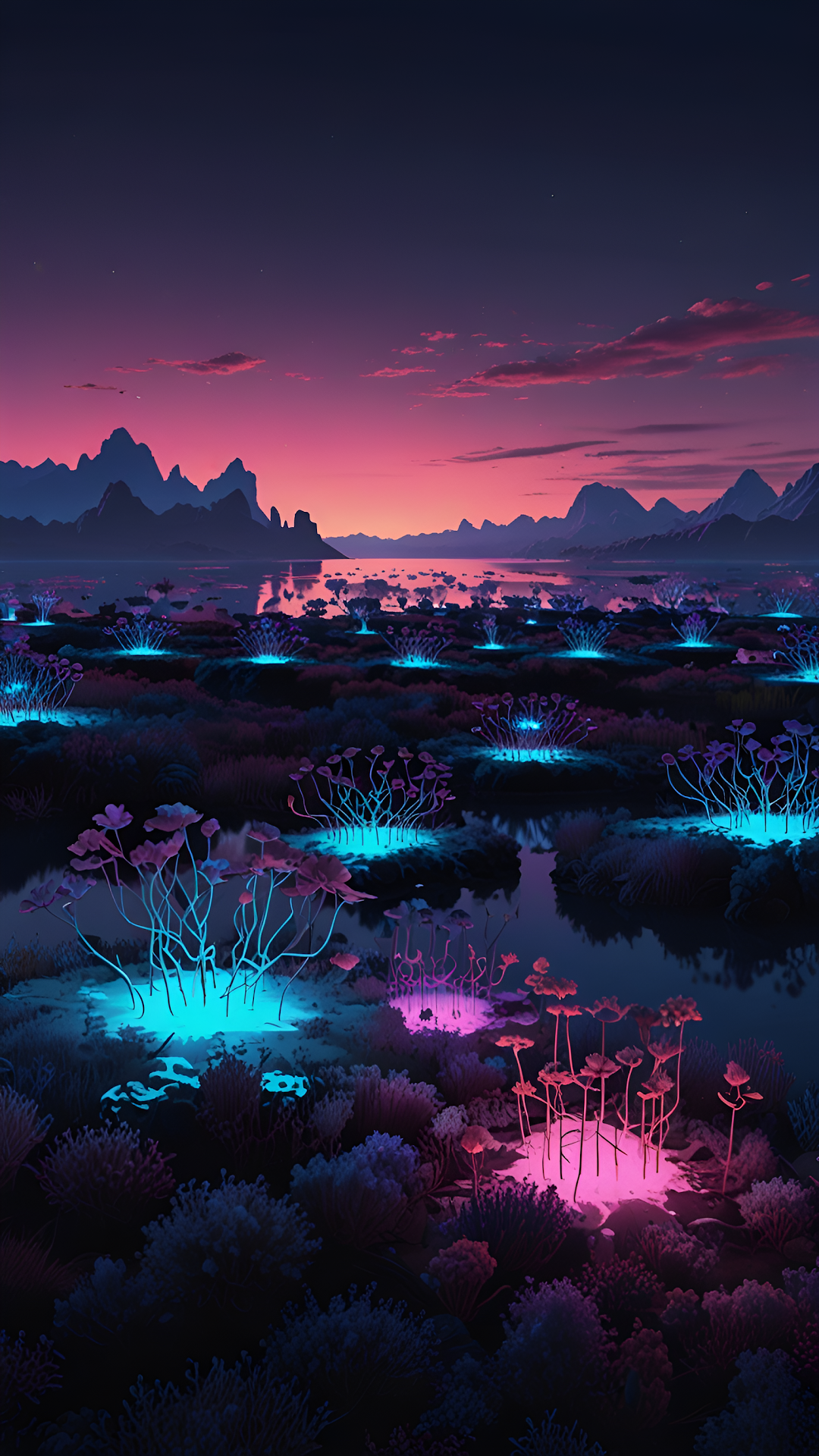 Bioluminescent Swamp Landscape Neon Flora Dusk Art - Free 4K mobile Wallpaper