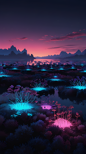 Bioluminescent Swamp Landscape Neon Flora Dusk Art - Free mobile Wallpaper