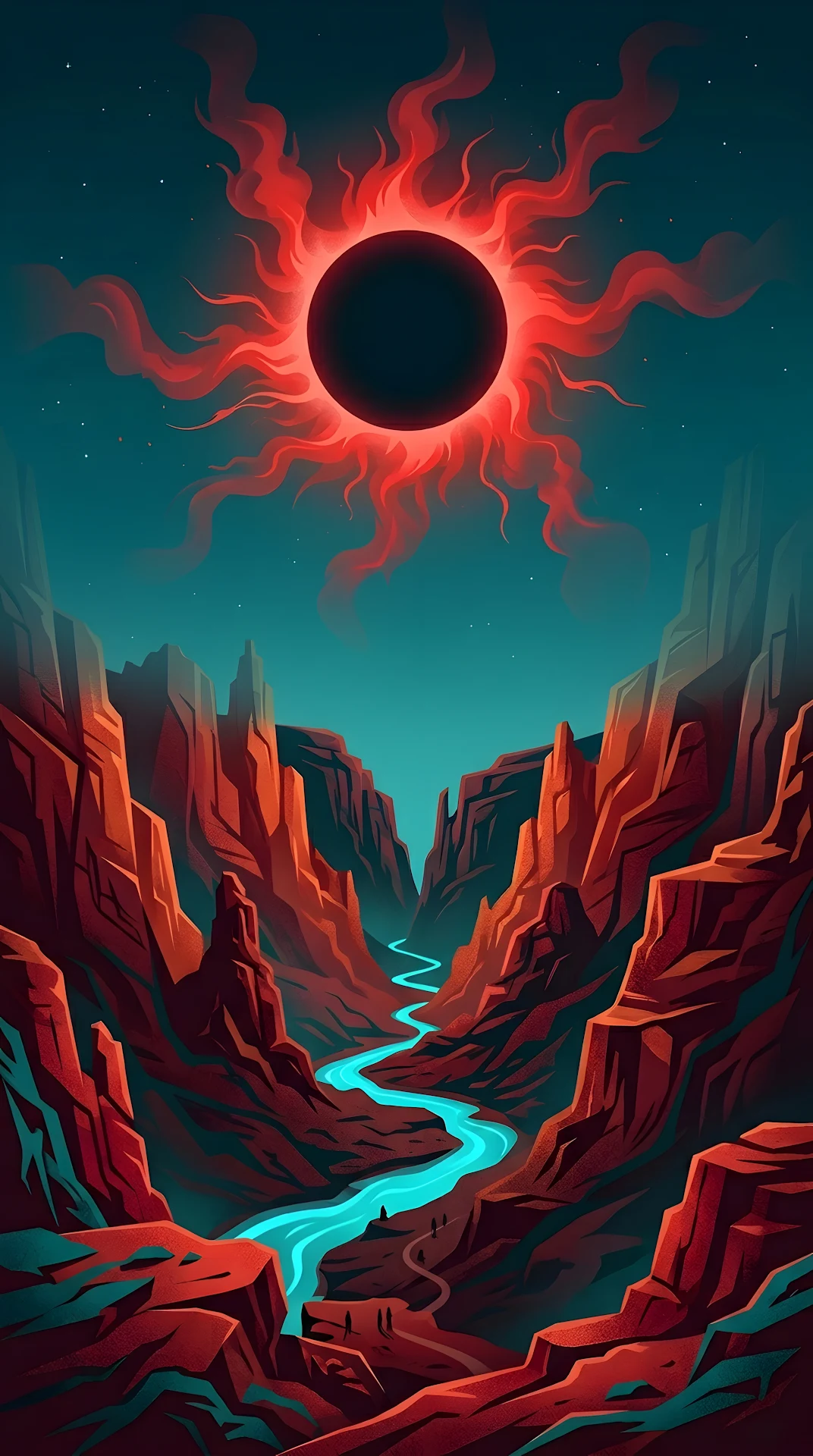 Stylized Illustration of a Cosmic Canyon with a Black Void Sun - Free 4K mobile Wallpaper