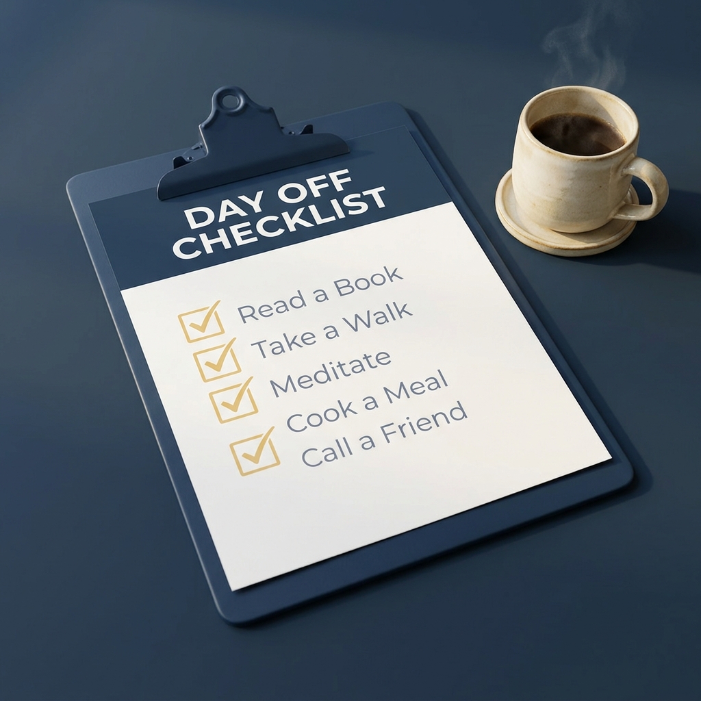 The Value of Taking a Day Off from Trading minimalist full frame photo of a clipboard with a Day Off Checklist with checked boxes beside a coffee cup on a dark branded background