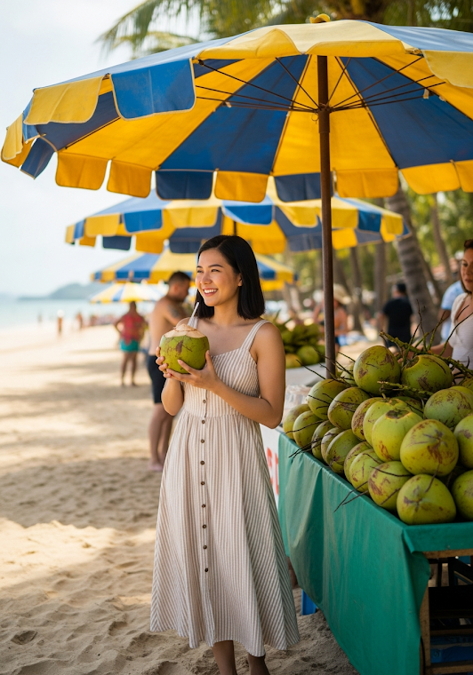 Woman Buying Coconut Beach