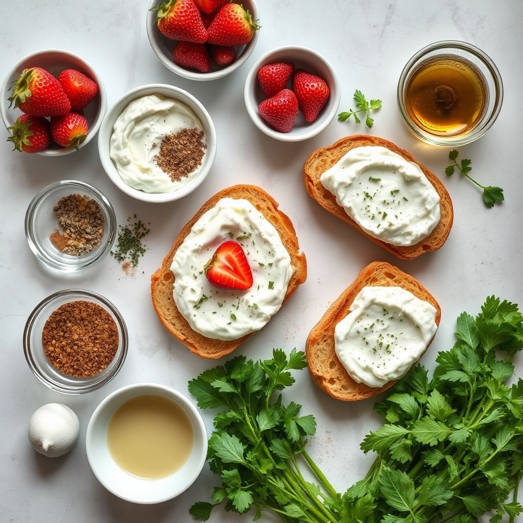 Ingredients for Roasted Strawberry Whipped Ricotta Toast for Easy Breakfast – Quick Homemade Brunch