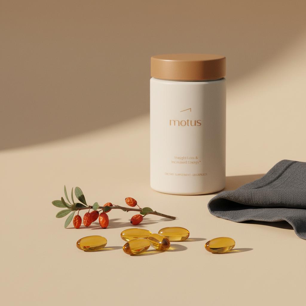 Close-up of berberine capsules spilled on beige surface with Tonum product jar in background and a small barberry sprig, minimalist health styling — best berberine brand