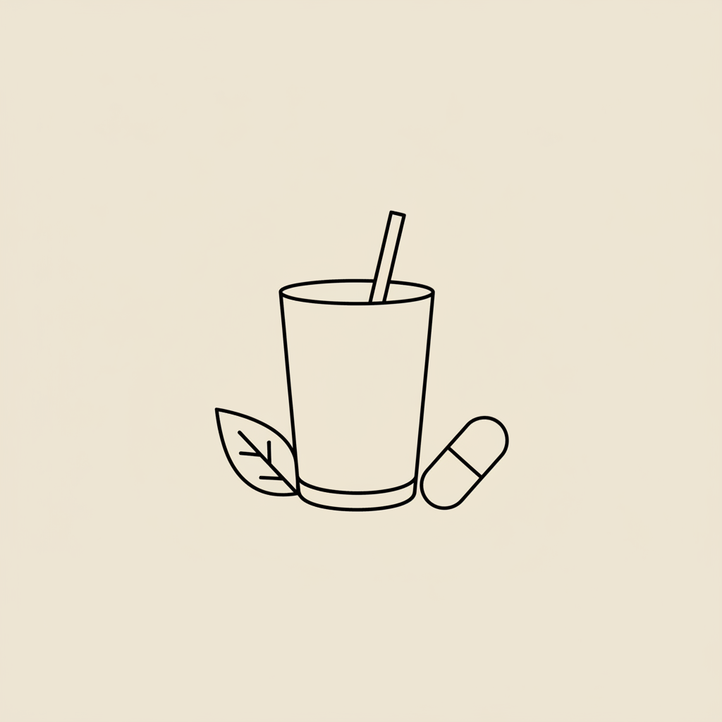 Minimalist Tonum-style line illustration of a glass with a straw, leaf and capsule on beige background representing the healthiest meal replacement shake