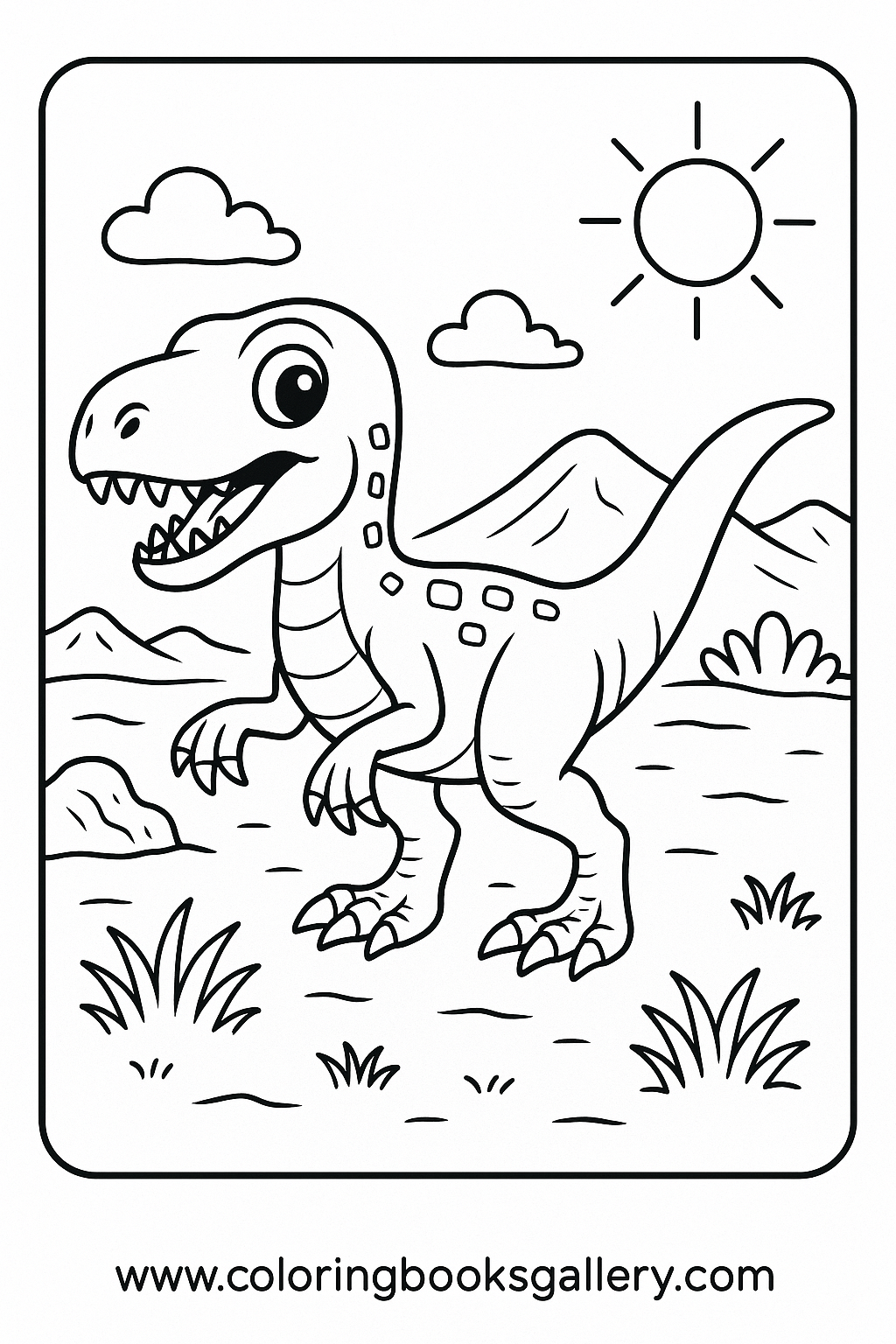 Explore the Fun with Our Cartoon Velociraptor in the Desert Coloring Page for Toddlers – free coloring page for kids