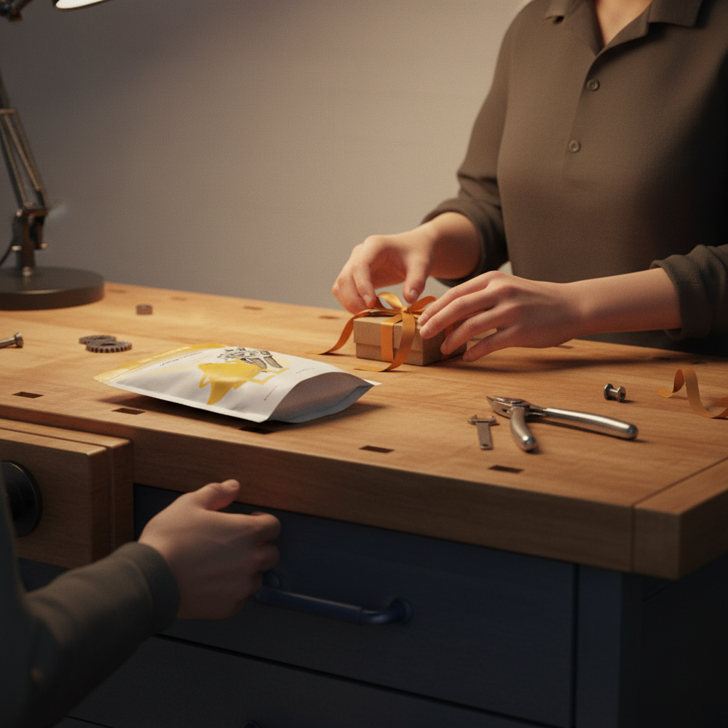 Hände verpacken ein kleines Geschenk auf Holzwerkbank bei warmem Abendlicht, industrielle Metallakzente und orange Schleife — DIY geschenke beste freundin