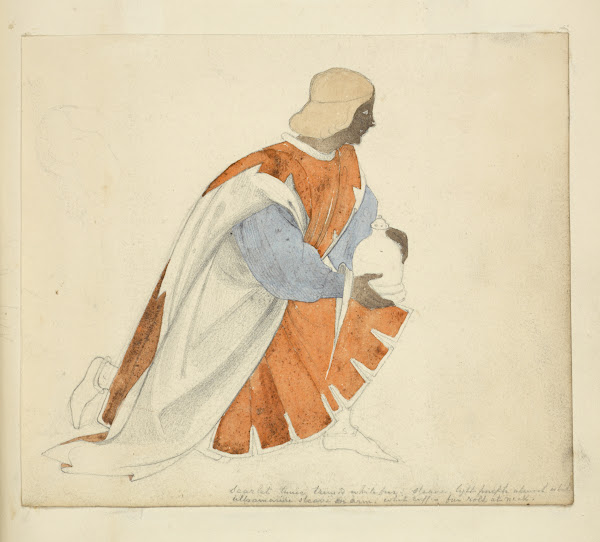 Kneeling man in tunic holding a jug 1840