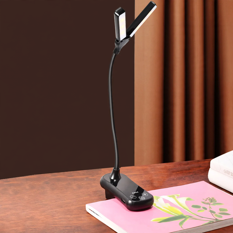 LED reading lamp with clip, double head, dimmable and battery indicator