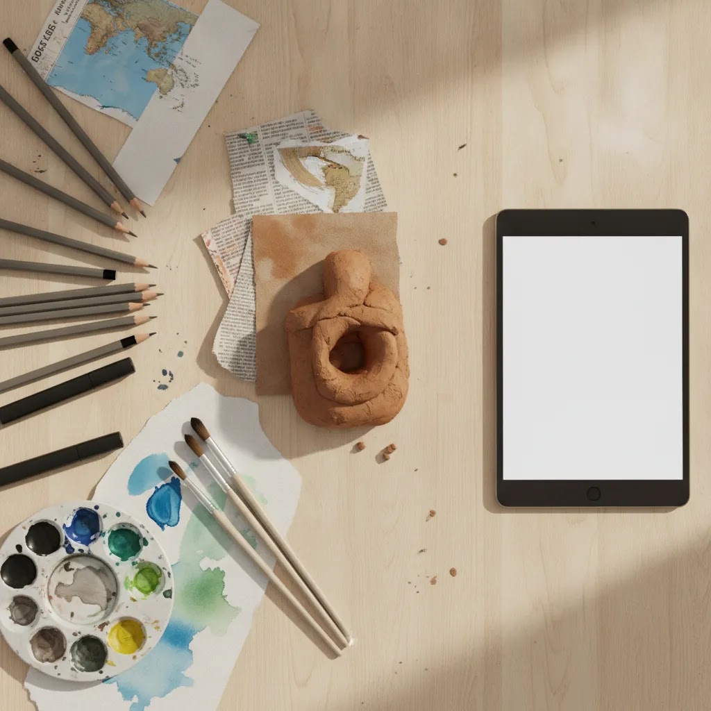 Pencils, paint, clay, collage, and digital art materials arranged for creative expression