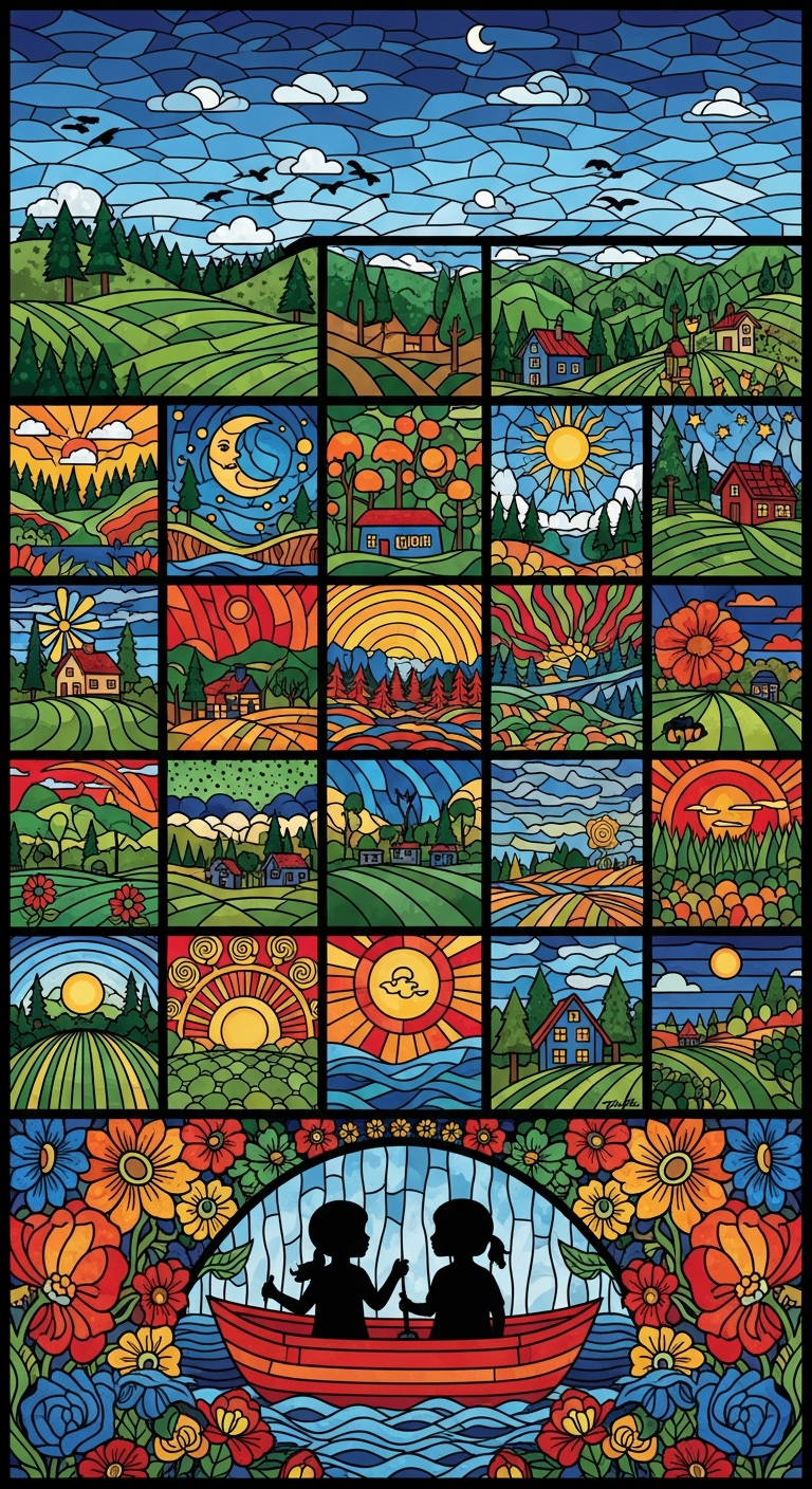 Colorful Folk Art Collage of Village and Nature Scenes in Grid - Free 4K mobile Wallpaper