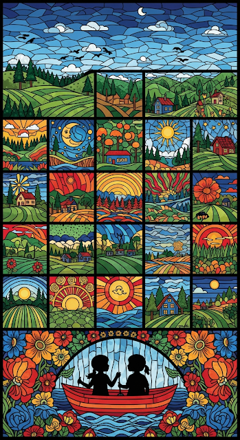 Colorful Folk Art Collage of Village and Nature Scenes in Grid - Free mobile Wallpaper