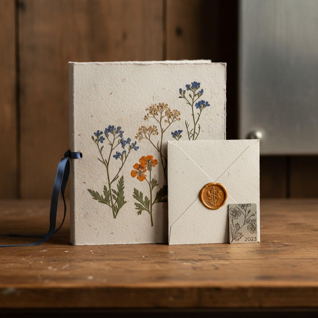 Nahaufnahme eines handgefertigten Erinnerungsalbums auf Holz mit getrockneten Blumen, gestempeltem Umschlag und graviertem Metallschild — papierhochzeit bedeutung.