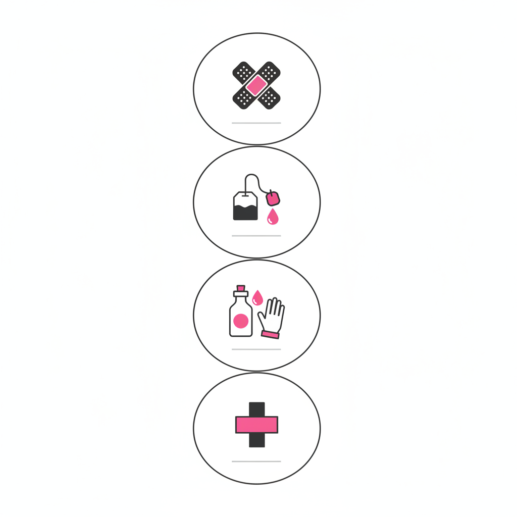 Minimalistische Infografik mit fünf Icons zu Sofortmaßnahmen bei eingerissenen Nägeln, weißer Hintergrund und NailX-Akzent #f57fb6, mobiloptimiert