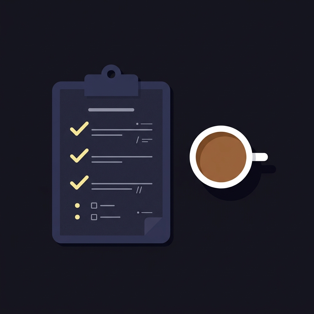 Minimalist 2D vector clipboard one line tracker with marked successes and notes next to a cup of coffee on dark background How to Create Rules You Will Actually Follow