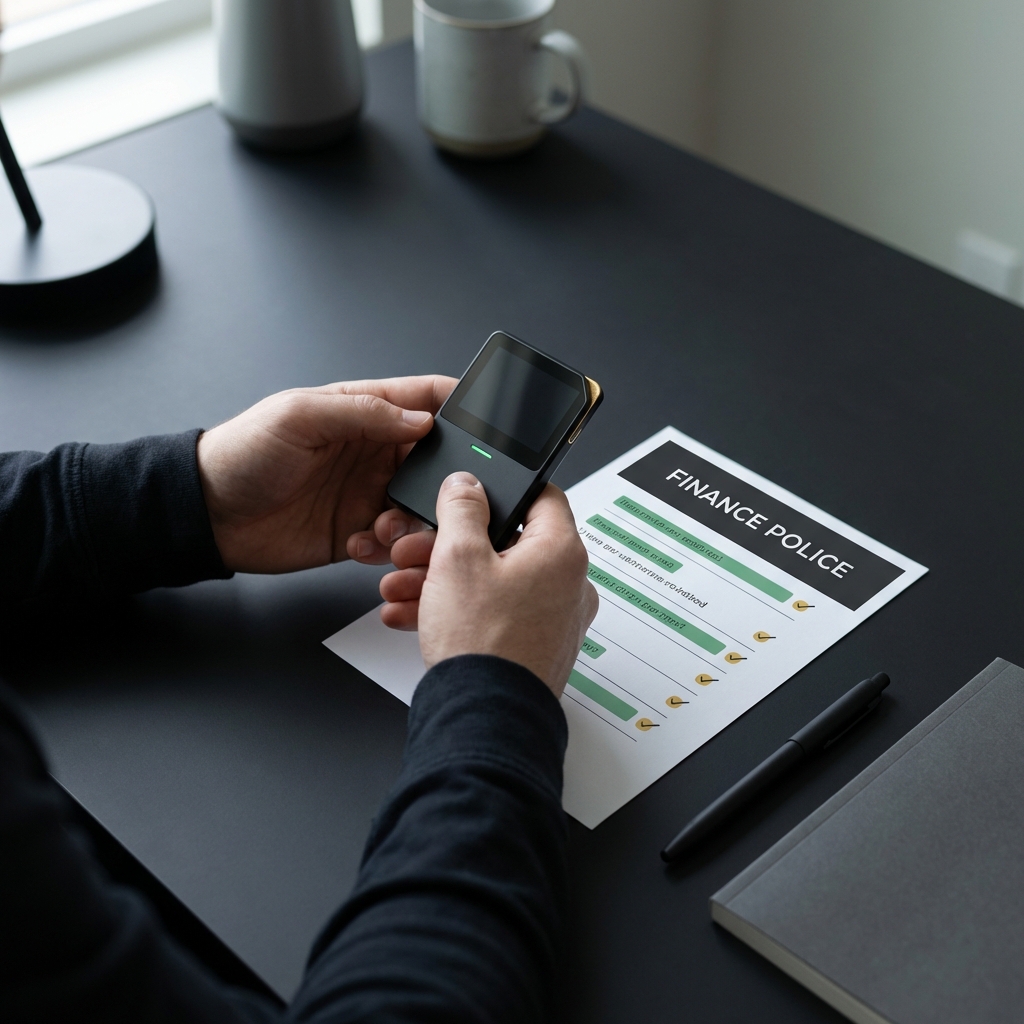 Close up of hands setting up a hardware wallet on a dark desk next to a typed security checklist representing a cryptocurrency trading platform setup
