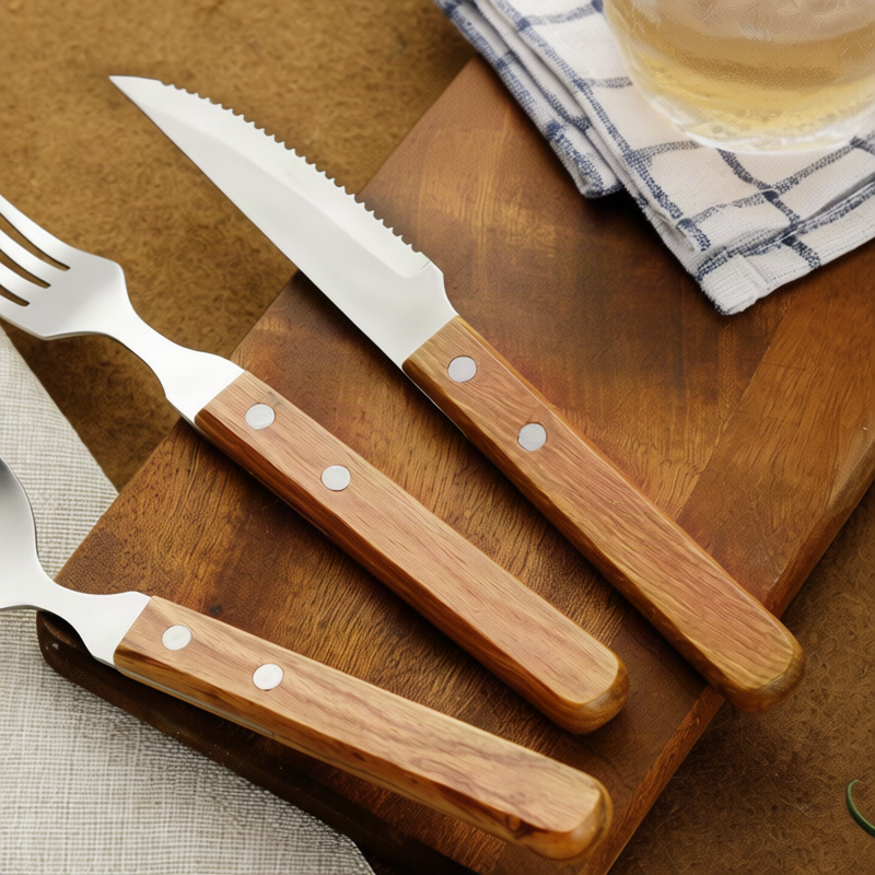 Besteckset 12-teilig, Edelstahl mit Holzgriff