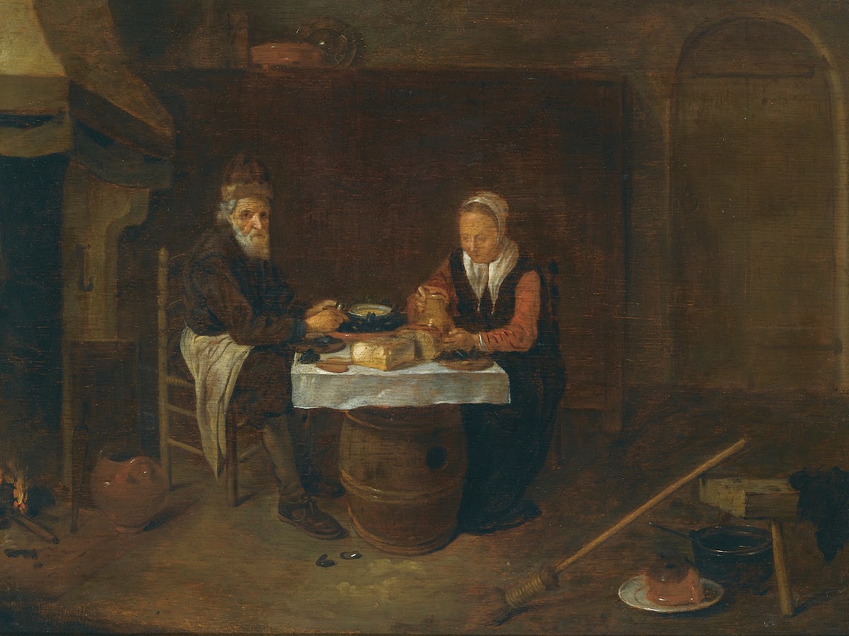 A Modest Interior With An Elderly Couple Seated At a Table Eating Mussels And Br