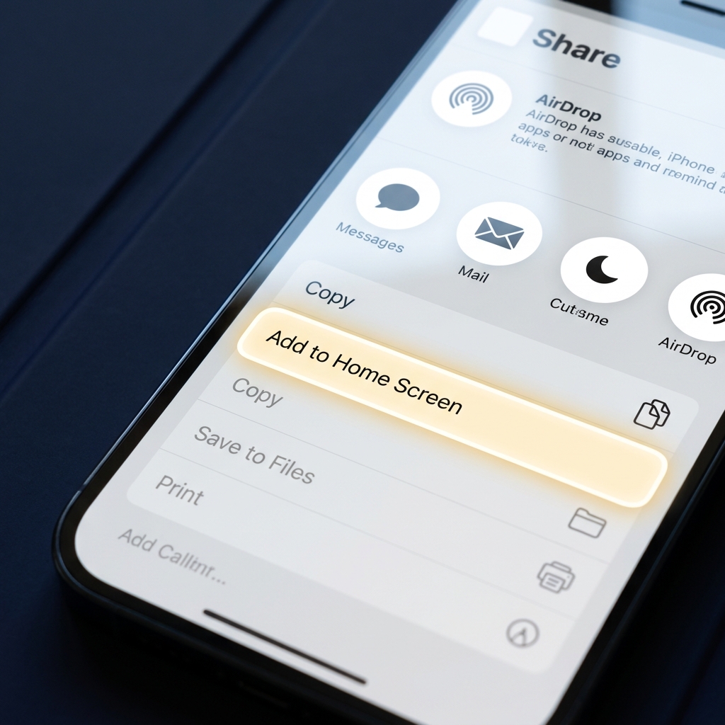 Close up of an iPhone share menu highlighting Add to Home Screen option for installing Funded Plays app interface How to Use FundedPlays on Mobile