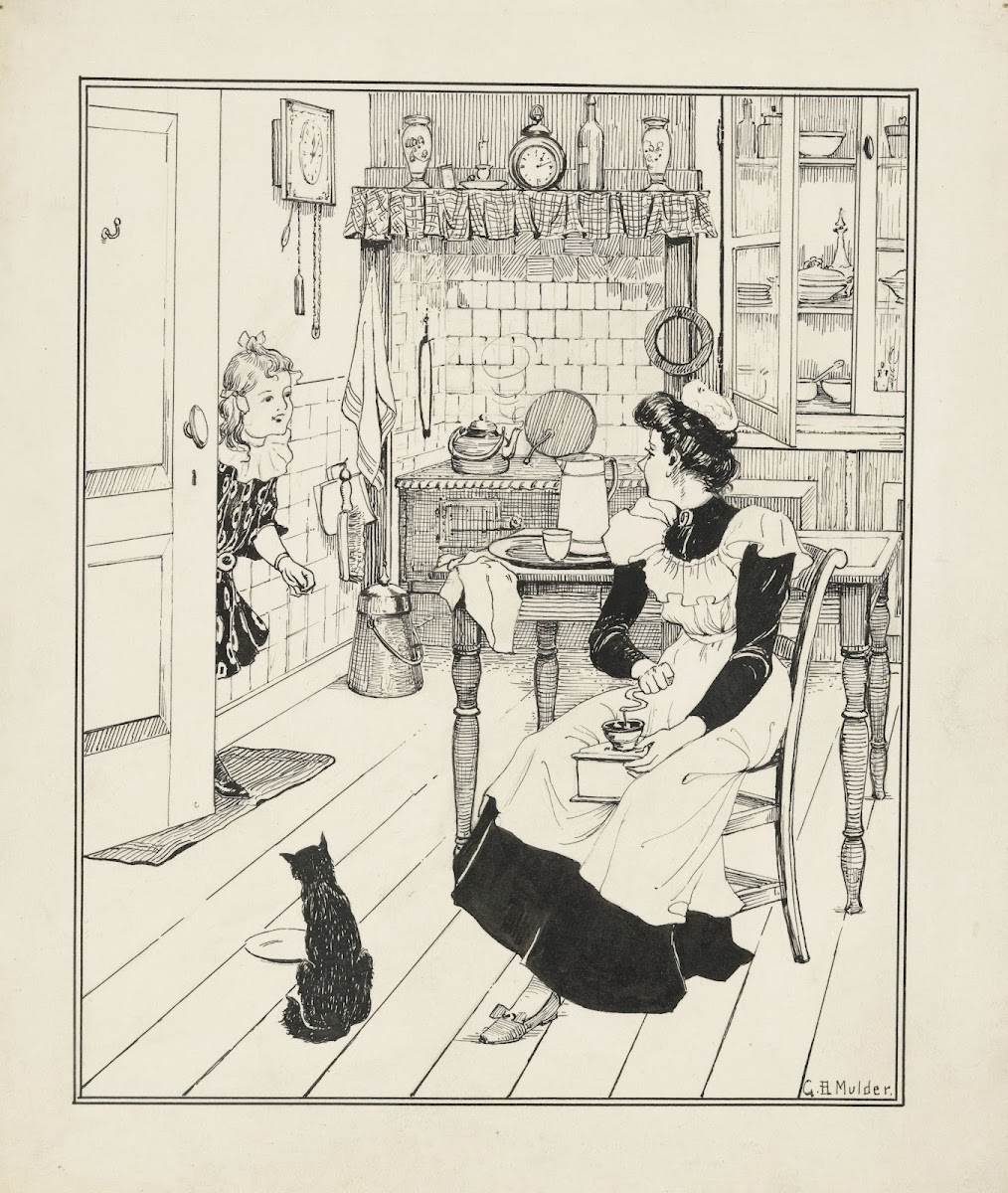 Meisje en een dienstmeid in een keuken 1885   1938