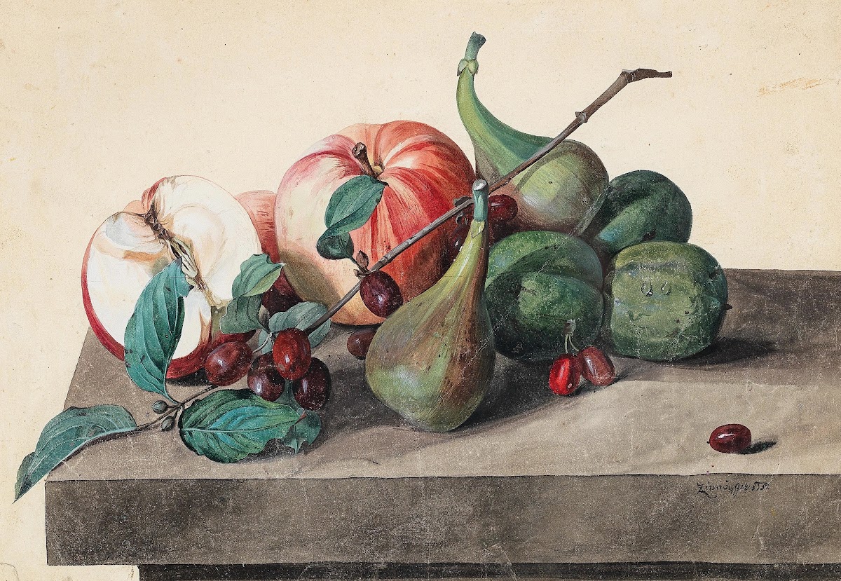 Stillleben mit Äpfeln Feigen und Cornelkirsche 1852