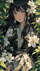 Anime Girl in Floral Kimono Amidst Blooms