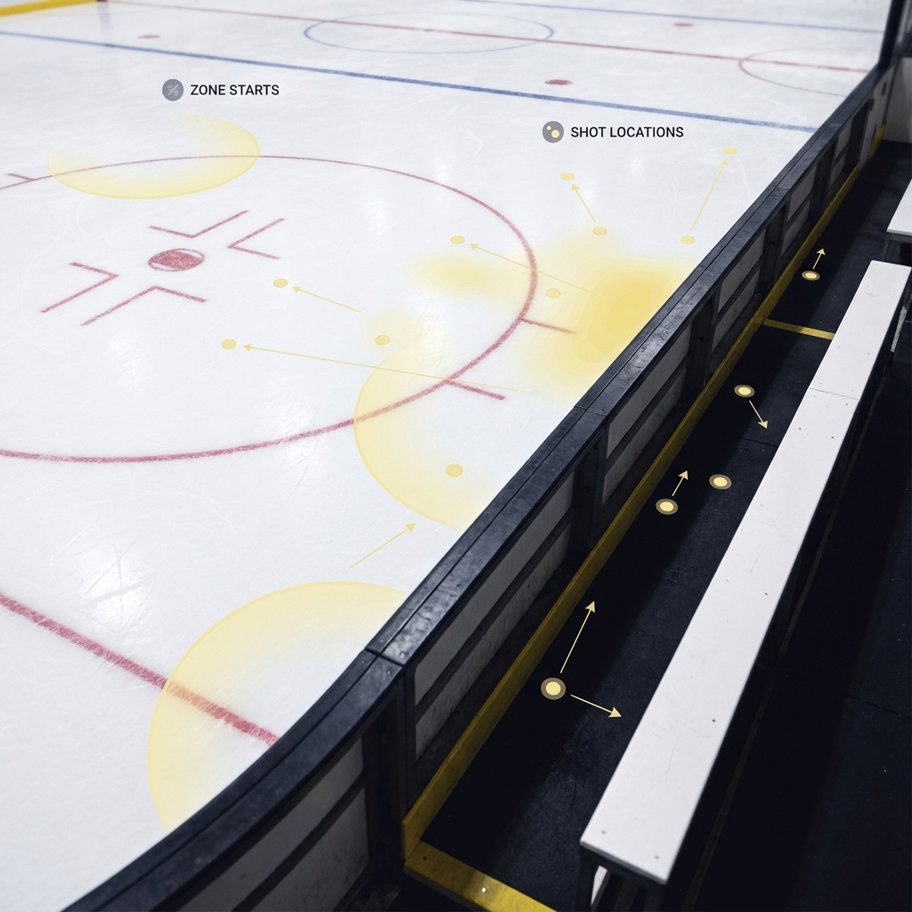 Close up of hockey rink boards and a faceoff circle with schematic overlays showing zone starts and shot locations for Evaluating Home-Ice Advantage analytics
