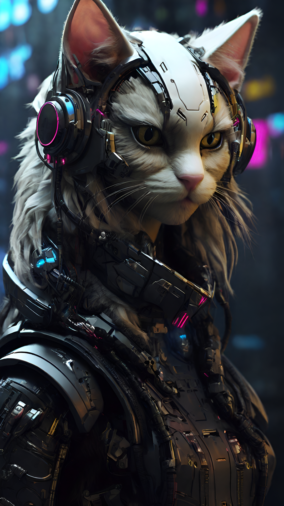 Cyberpunk Cat Portrait Sci Fi Armor Headset - Free 4K mobile Wallpaper