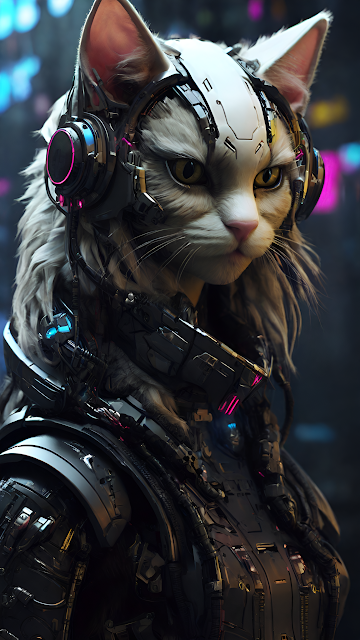 Cyberpunk Cat Portrait Sci Fi Armor Headset - Free mobile Wallpaper