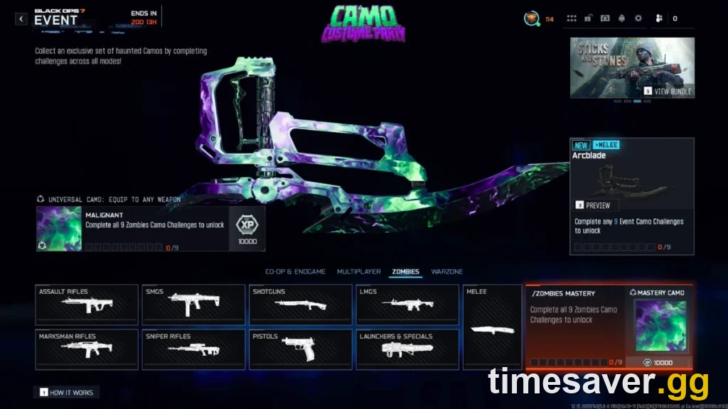BO7 Camo Costume Party Zombies mastery tab showing the Malignant camo, the nine weapon-class challenge grid, and the Arcblade preview