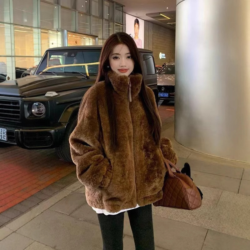 Casual faux lambskin jacket with stand-up collar